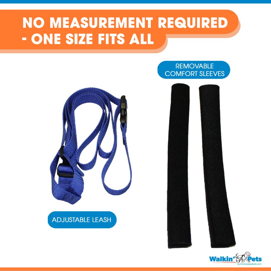 "no measurement required, one size fits all," includes "adjustable leash" and "removable comfort sleeves"